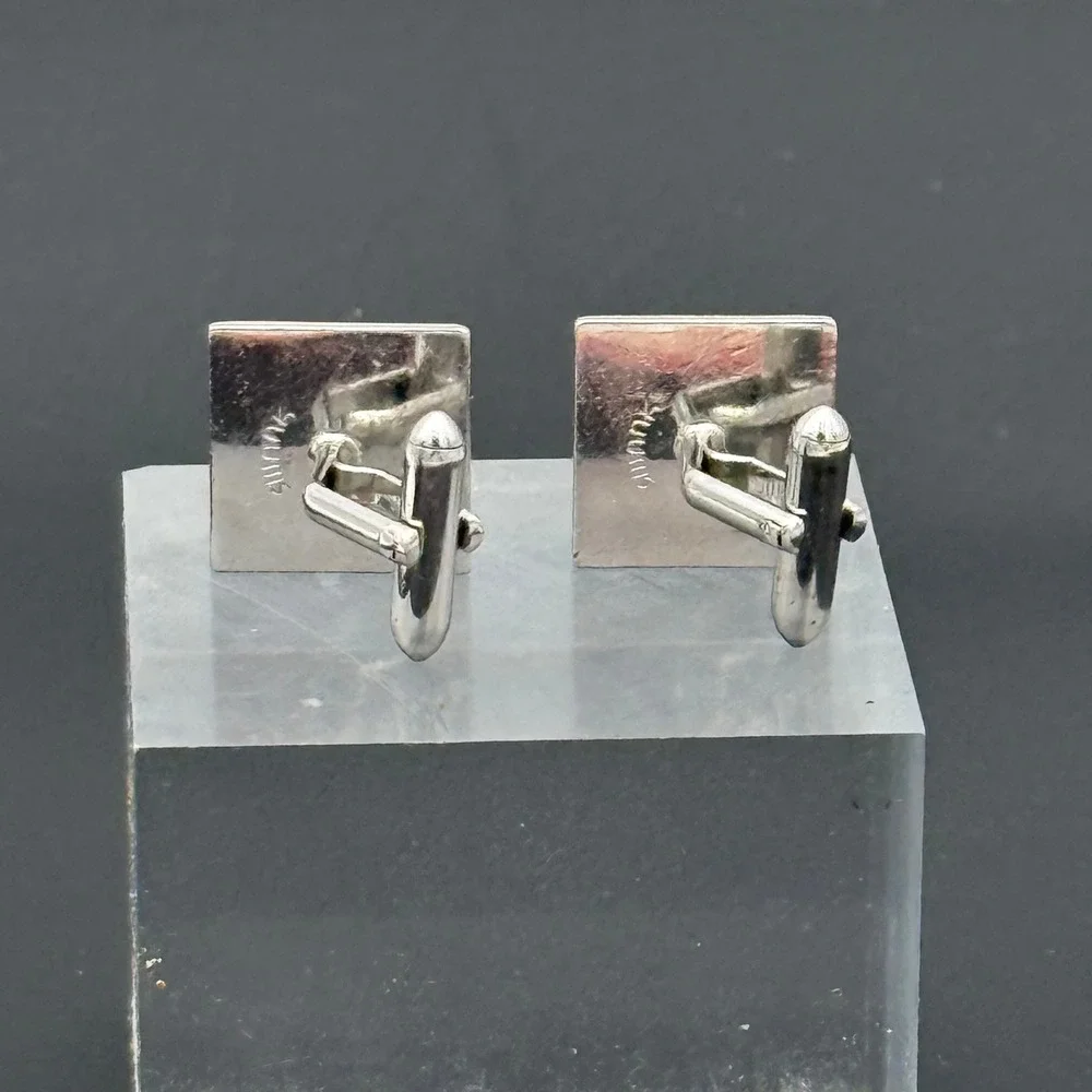 Silver Tone Square Textured Black Pebbled Inlay Bullet Back Cufflinks Mens